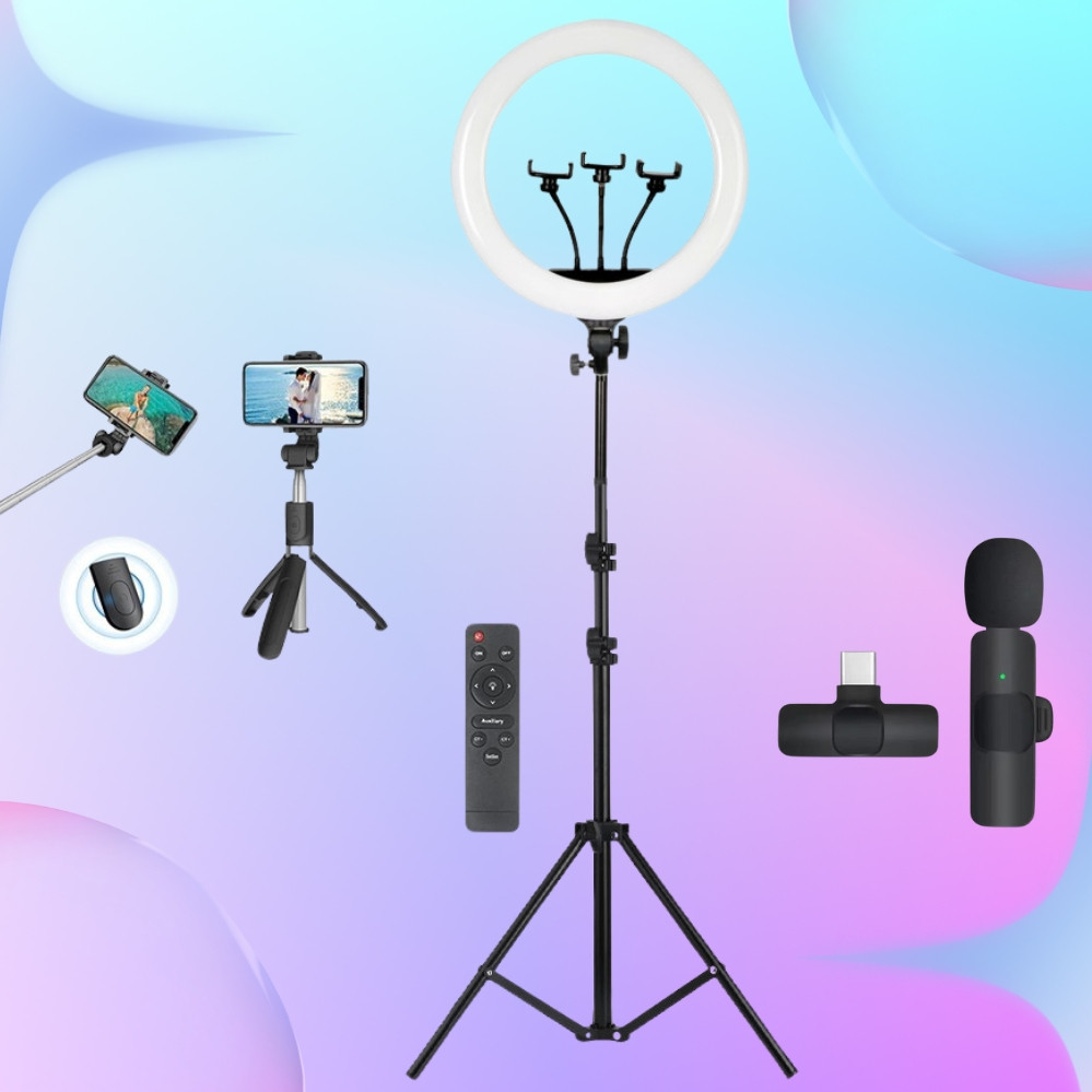 Набір блогера 4в1 Кільцева LED лампа 45 см Штатив Петличний мікрофон Селфи палиця Bluetooth пульт фото відео, фото 1
