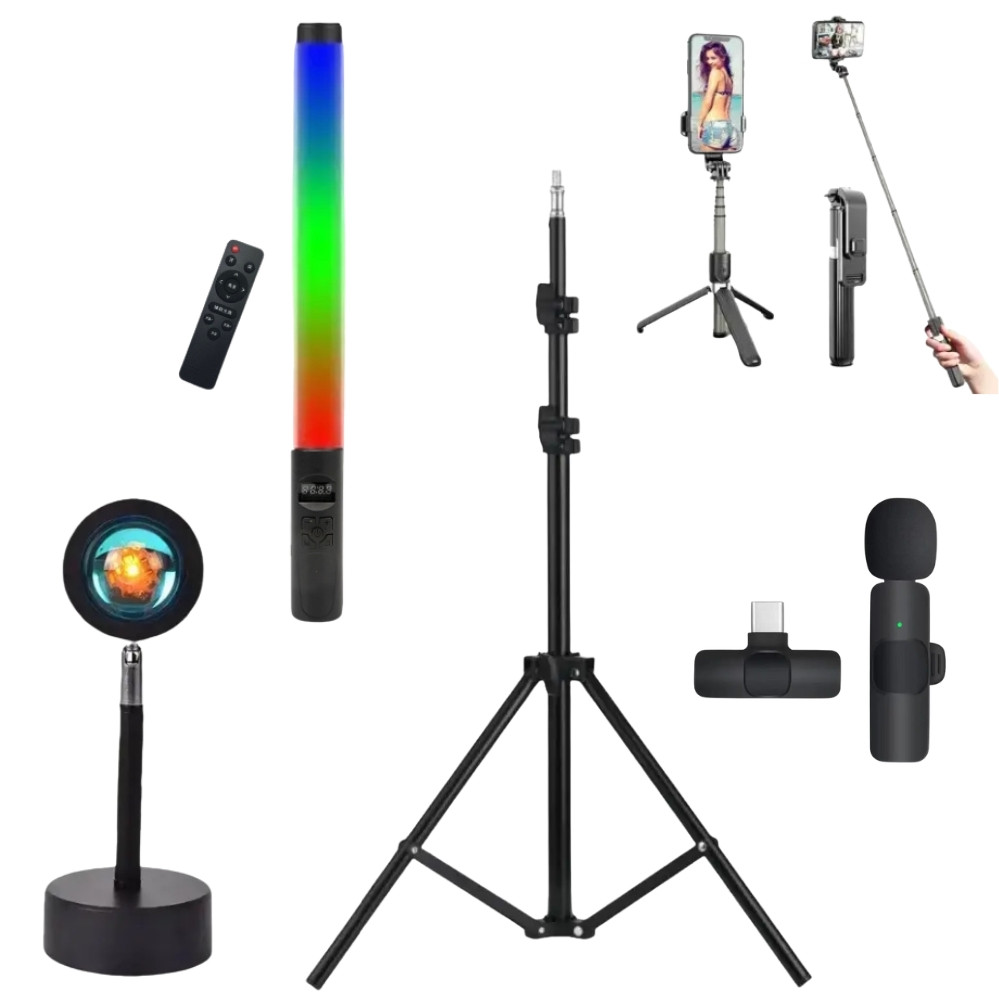 Набір блогера 5 в 1 лампа RGB палиця Light Stick Штатив 2м Петличка Селфі трипод Проекційний світильник, фото 1