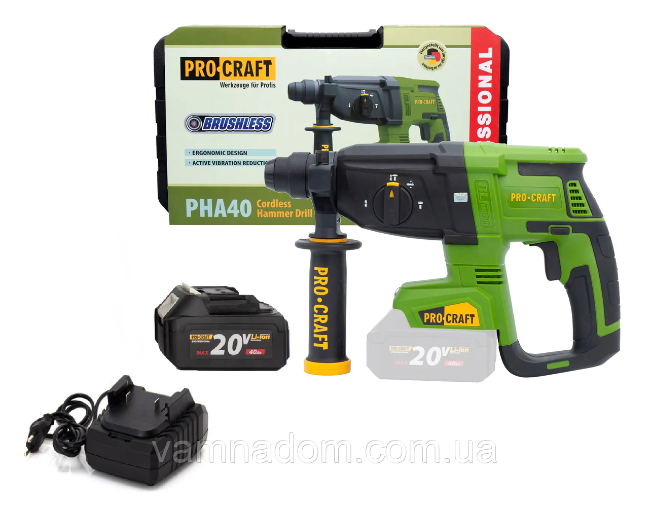 Акумуляторний перфоратор Procraft PHA40 у кейсі (Акумулятор 20 В, 8 А/год і зарядний пристрій у комплекті), фото 1