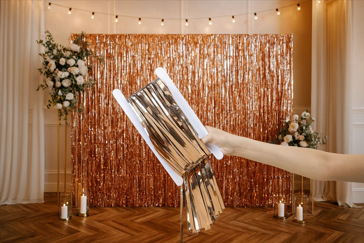 Фольгірована штора-дощик для фотозони, золота 100×200 см — блискучий фон для свята та декору, фото 1