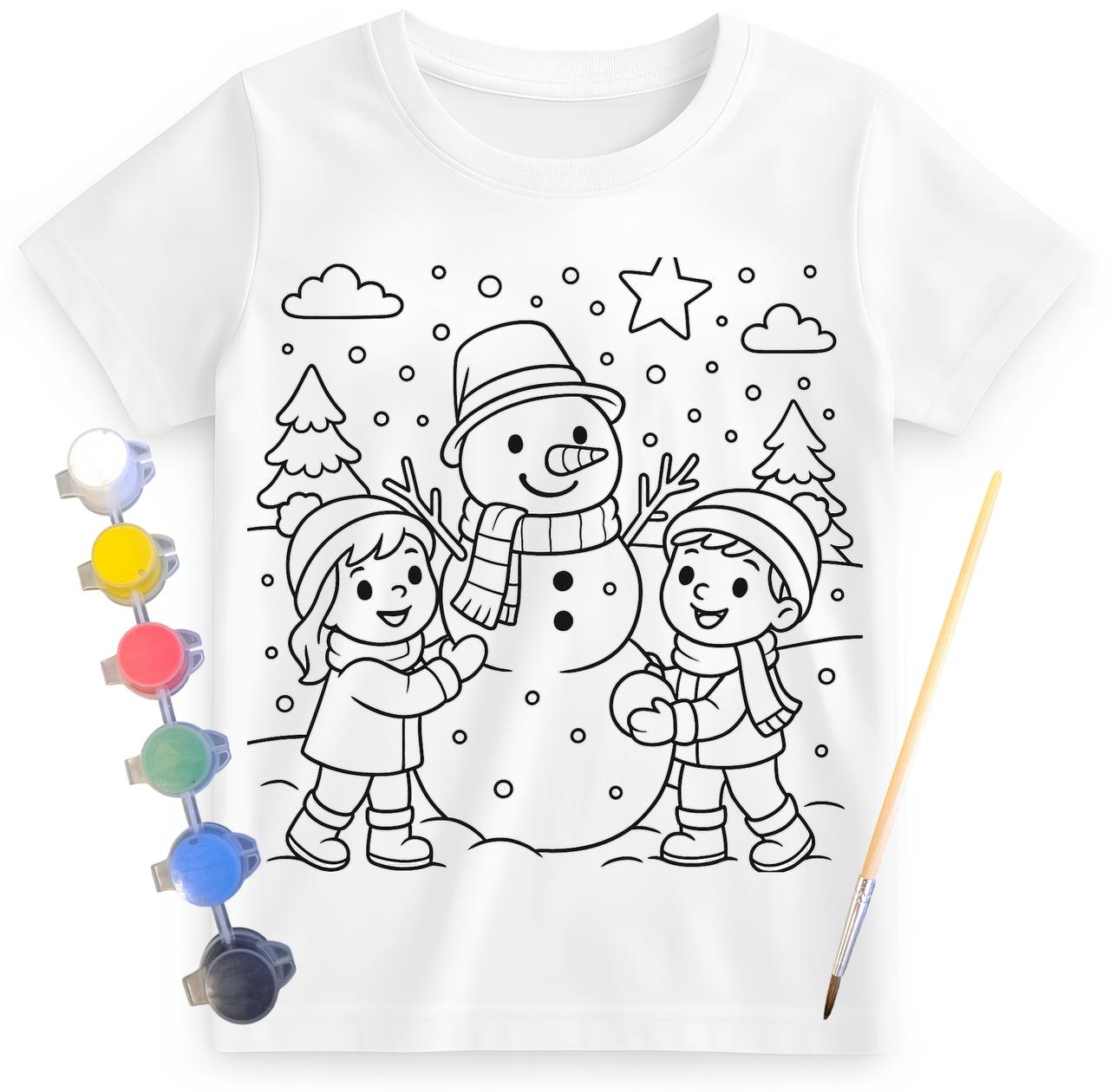 Дитячий набір для творчості футболка розмальовка Сніговик біла (ДФ0041), фото 1