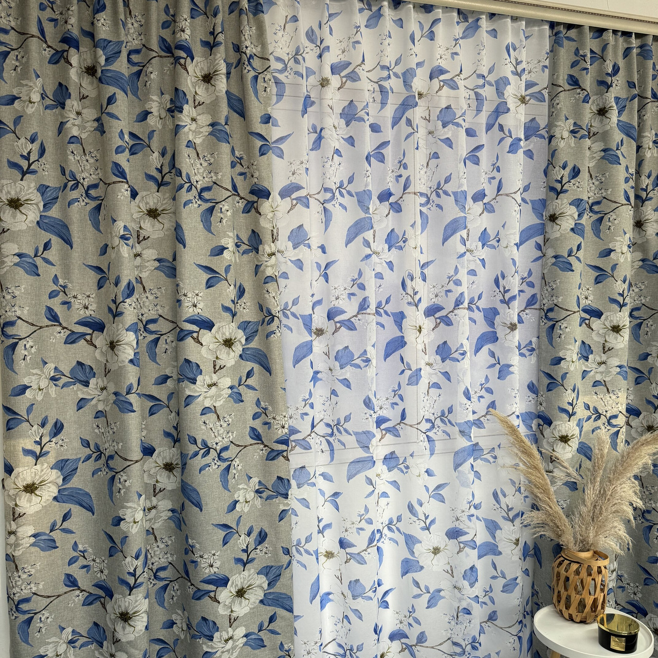 Штори сірі лляні з батистовим тюлем з квітами ALBO (SHT-M1-622-6), фото 1