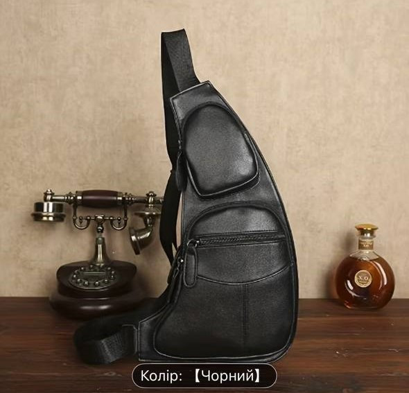 Сумка чоловіча шкіряна нагрудна, чорна, фото 1
