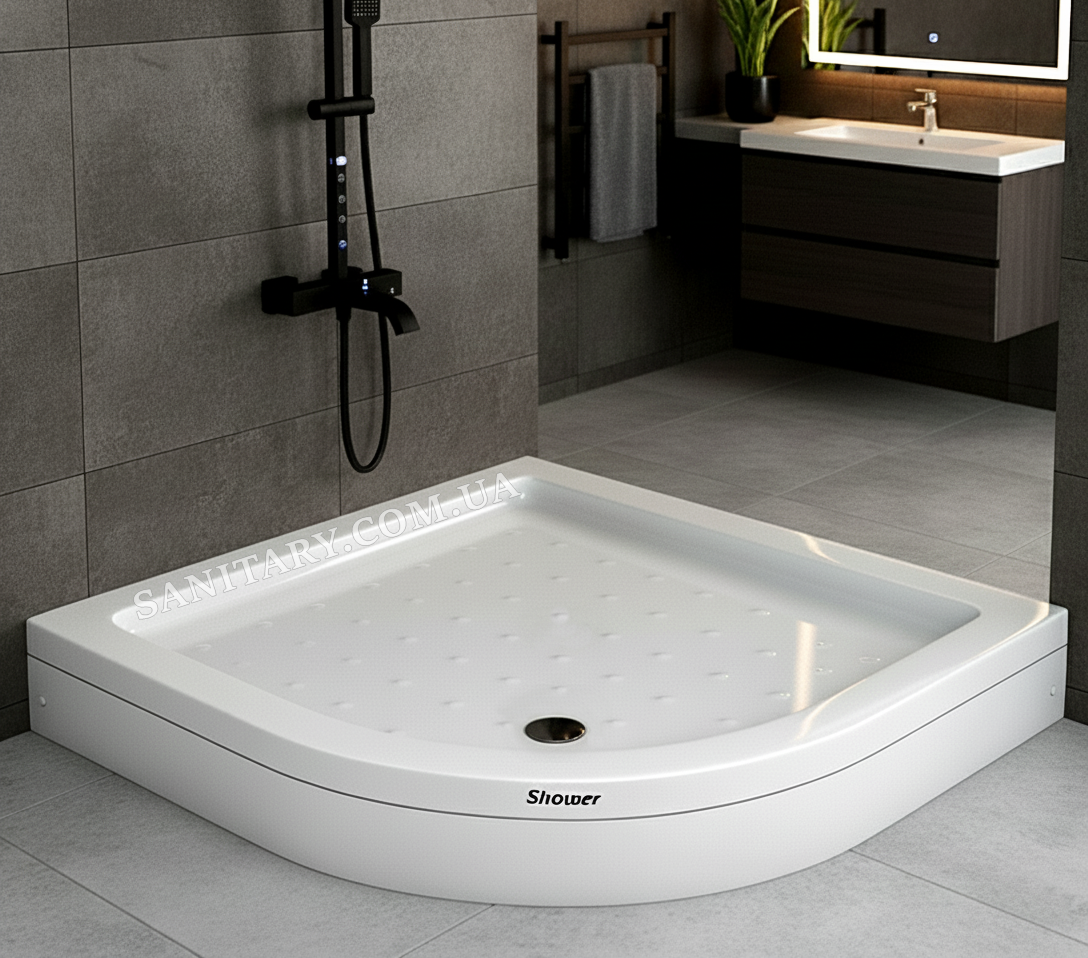 Душовий піддон 100х100х18 см Shower Violet низький для душу напівкруглий з передньою панеллю ніжками, фото 1