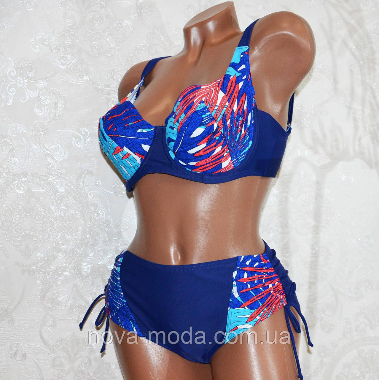 50 розмір, чашка 85F. Стильний купальник на дуже великі груди, темно-синій із пальмовим листям, фото 1