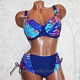 50 розмір, чашка 85F. Стильний купальник на дуже великі груди, темно-синій із пальмовим листям, фото 2