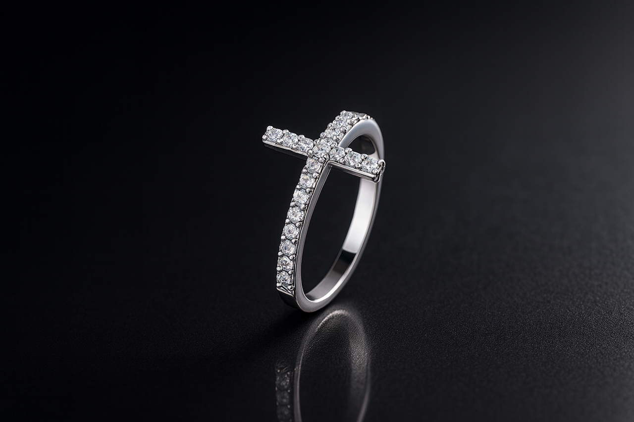 Срібна каблучка «Хрестик» з кубічним цирконієм покрита родієм— витонченість віри та блиску ✨, фото 1