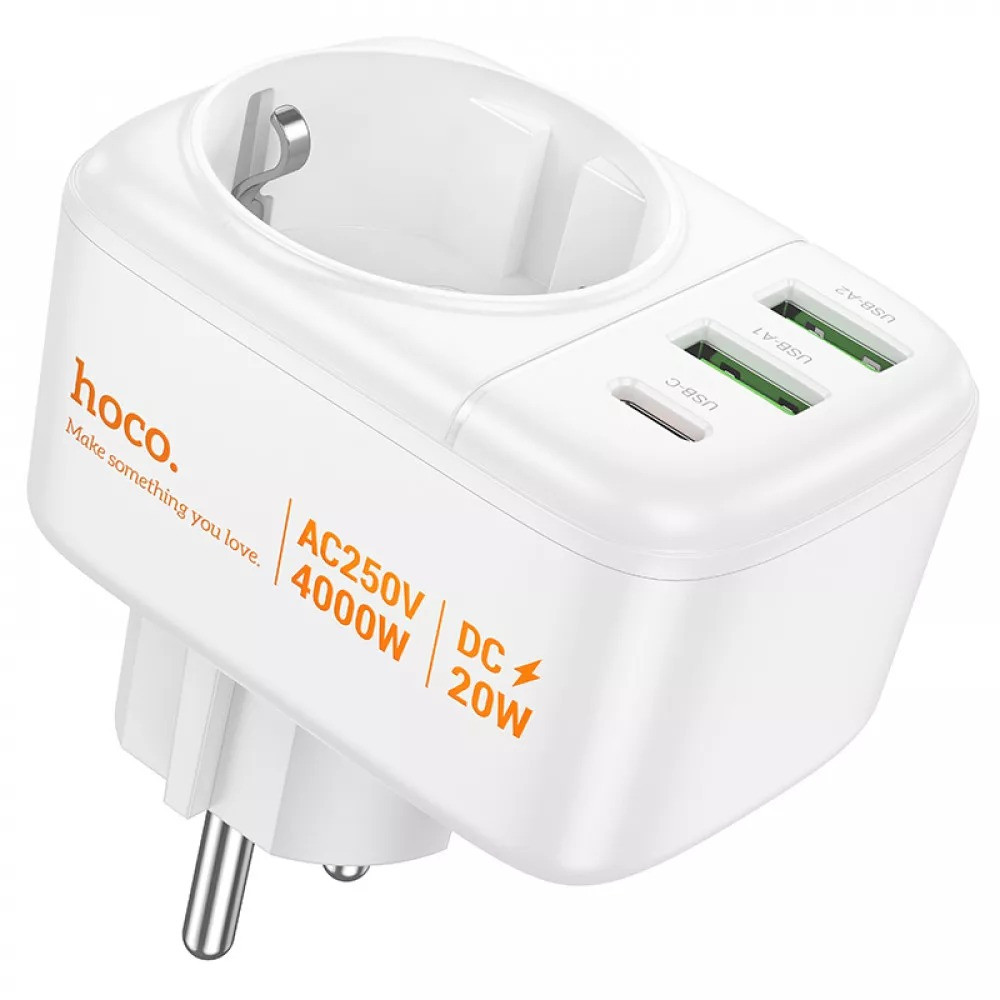 Фільтр живлення Hoco AC26 4000W 1хP-2хUSB-1хType C White, фото 1