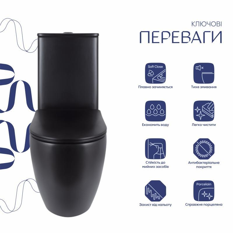Унітаз підлоговий Qtap Robin Ultra Quiet безобідковий з сидінням Soft-close MATT BLACK QT13226083AMB, фото 1