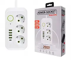 Сетевий фільтр Пауер Сокет Ф09У 3 розетки 4 USB Тип С 2500 Вт 2 метри чорний білий