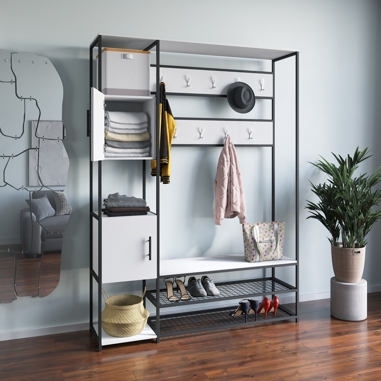 Передпокій Лофт з 9 гачками та 2 закритими полицями для одягу Гардеробна система металева, фото 1