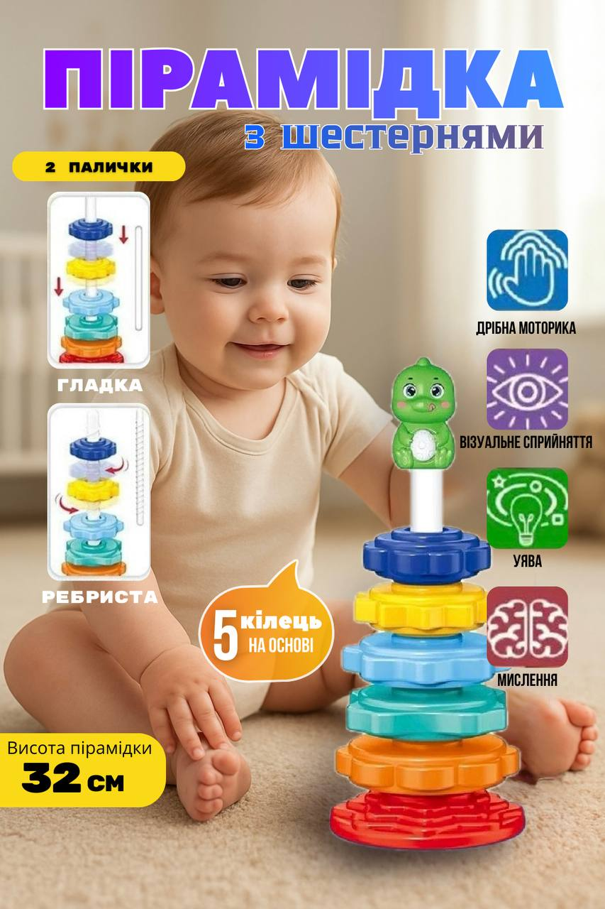 Дитяча розвиваюча гвинтова тактильна пірамідка HJ 202 з шестернями, різьбовий стрижень, 5 кілець, фігурка, фото 1