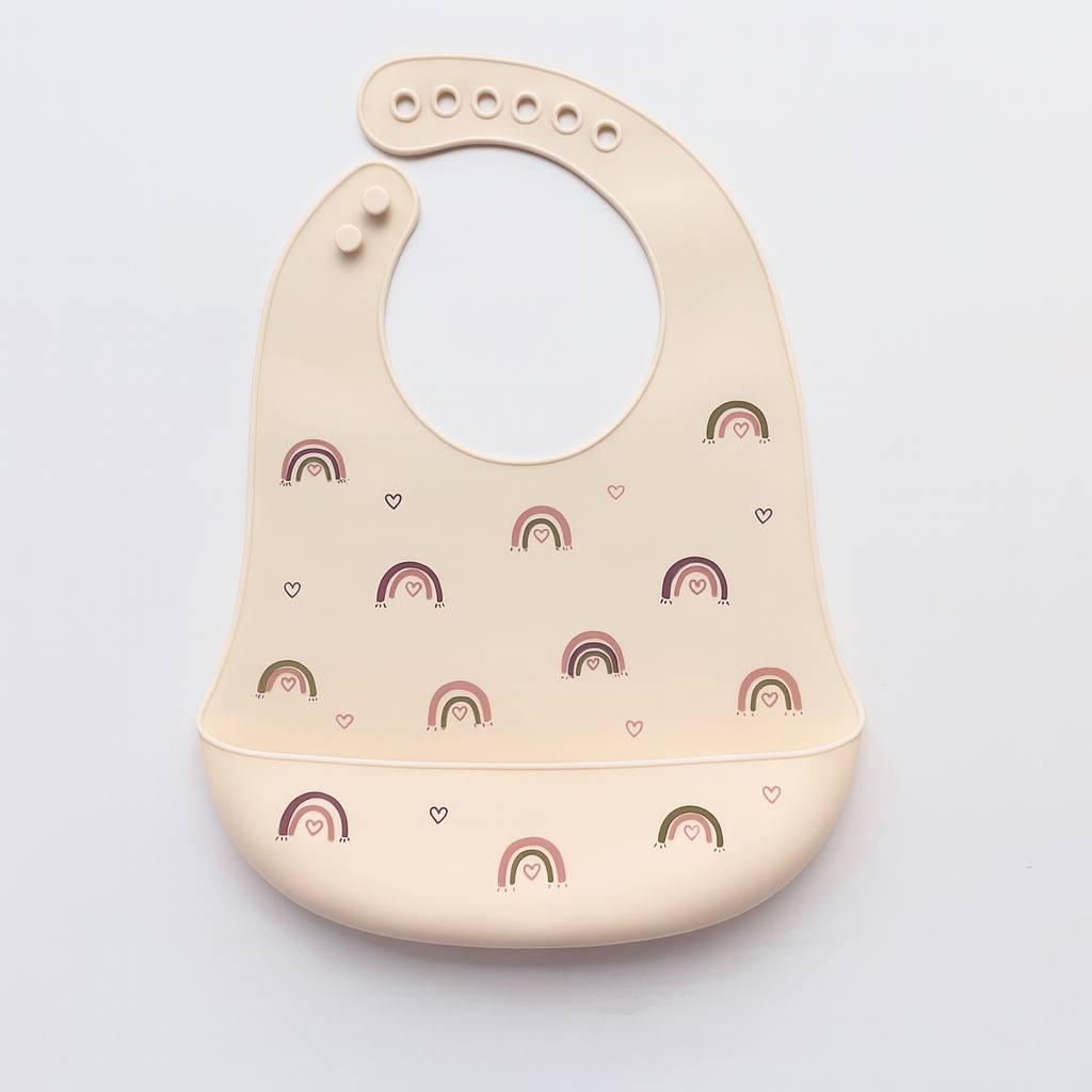 Силіконовий слюнявчик принт Веселка (бежевий), нагрудник для годування з кишенею, фото 1