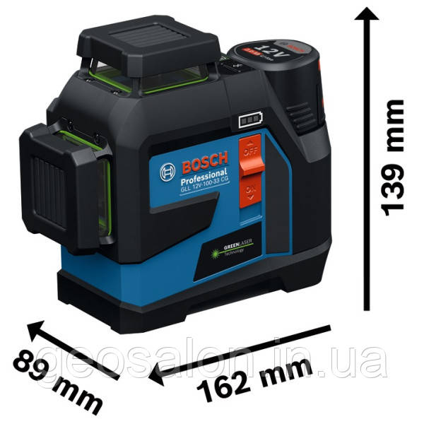 Лазерний лінійний нівелір Bosch Professional GLL 12V-100-33 CG з адаптером батарейок AA1, чохлом, мішенню та тримачем LB 10, фото 1