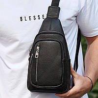 Сумка слінг TIDING BAG 32545 чорна натуральна шкіра для чоловіків через плече з кишенями