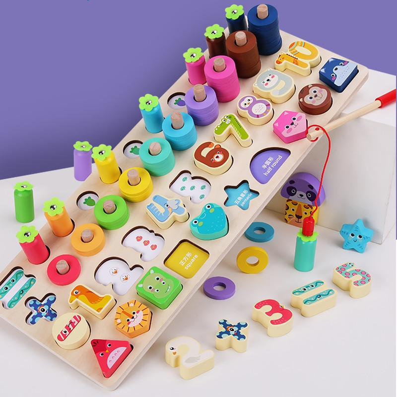 Дерев'яна дошка розвиваюча іграшка для навчання рахунку логіці та моториці 3в1 Сортер за формами магнітна риболовля цифри, фото 1