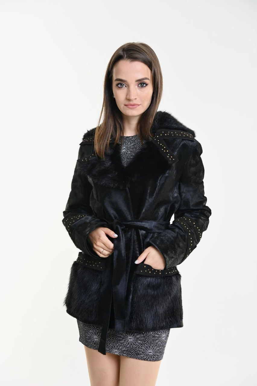 Шубка кенгуру коротка з клепками, комір і кишені з бобра