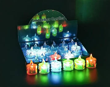 Свічки led на батарейках світлодіодні 5*4 см (колір світіння — мерехтливий кольоровий) Набір 24 шт