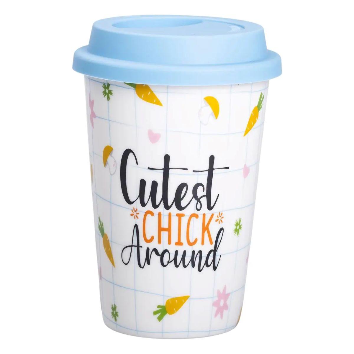 Керамічний стакан 420 мл без ручки із силіконовою блакитною кришкою, надписом та отвором для трубочки, фото 1