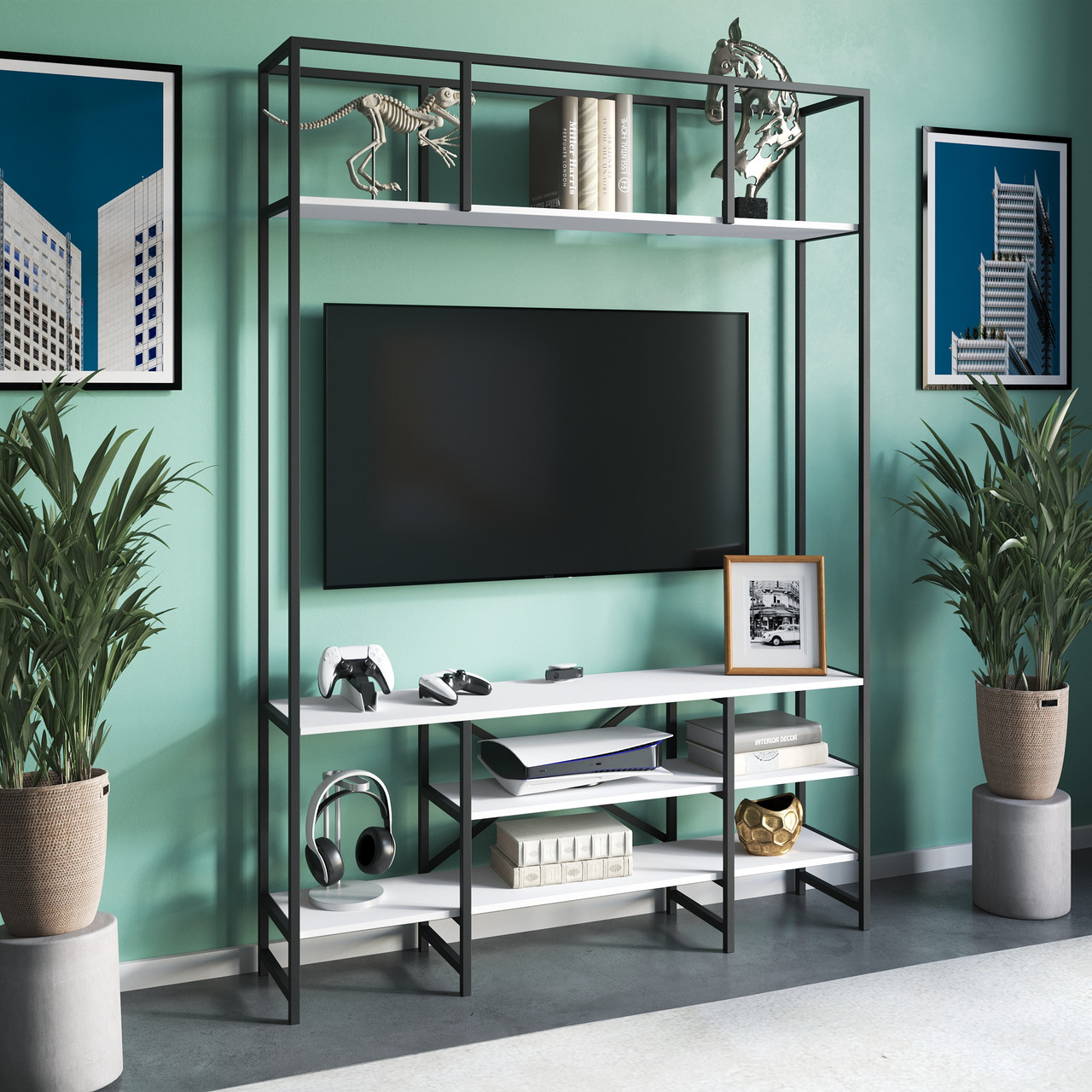 Тумба під телевізор Лофт з 4 відкритими полицями з ЛДСП Елегантна тумба під ТБ 140 см шириною, фото 1