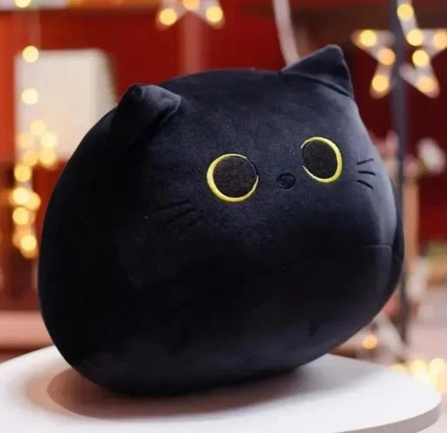 Плюшева іграшка-подушка «Чорний кіт» для обіймів розміром 27×30 см, фото 1