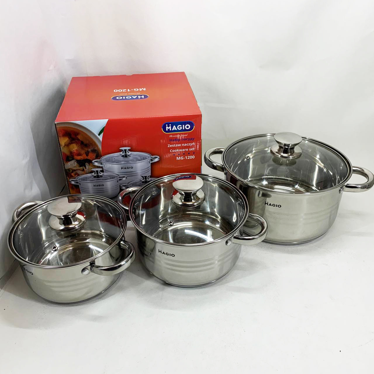 Набір посуду Magio MG-1200 3 каструлі нержавіюча сталь для кухні приготування їжі, фото 1