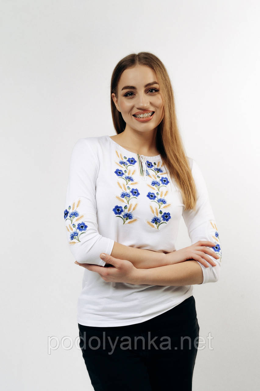 Жіноча вишиванка Волошки на білому, рукав 3/4, фото 1
