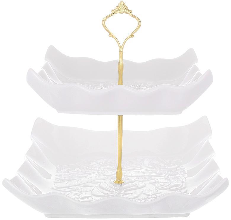 Блюдо фуршетна стійка "White City Монстера" 2-х ярусна 25см, біла порцеляна, фото 1