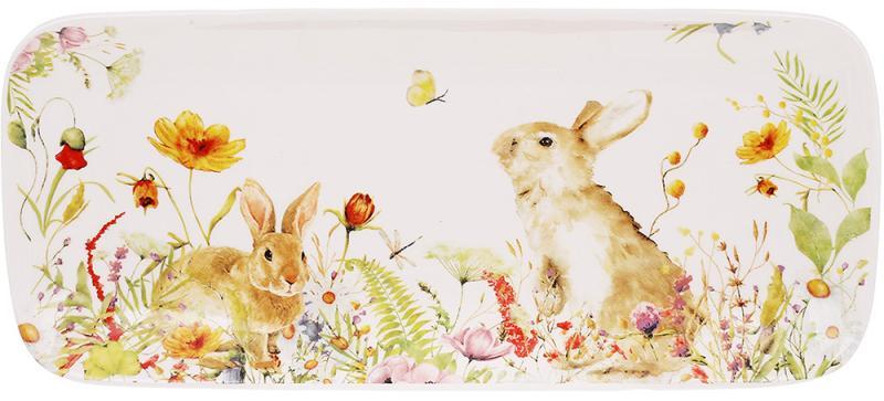 Набір 2 керамічних прямокутних блюда "Зайчик у Квітах" 37х16см, фото 1