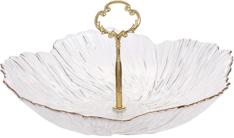 Цукерниця скляна "Flower" Ø26х6см з ручкою, прозора із золотою облямівкою, фото 1