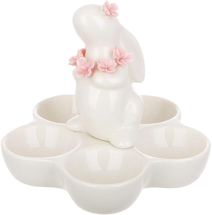 Підставка-блюдо порцелянова для 5-ти яєць "Зайчик в квітах" Ø14см, фото 1