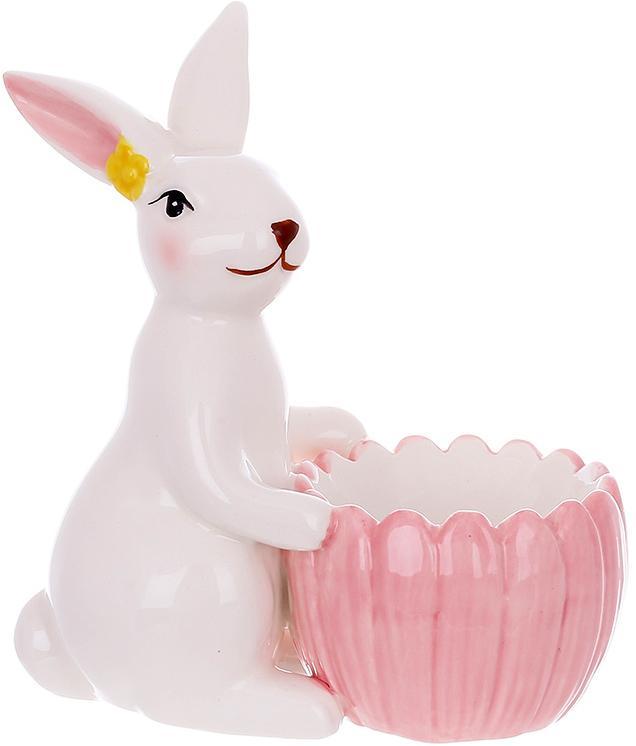 Підставка для яйця "Милий Кролик" 13см, керамічна, білий з рожевим, фото 1