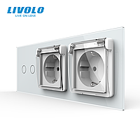 Сенсорний вимикач на 2 сенсори + подвійна розетка вологозахисна з кришкою IP44, з заземленням, біла скляна рамка, шторки, LIVOLO