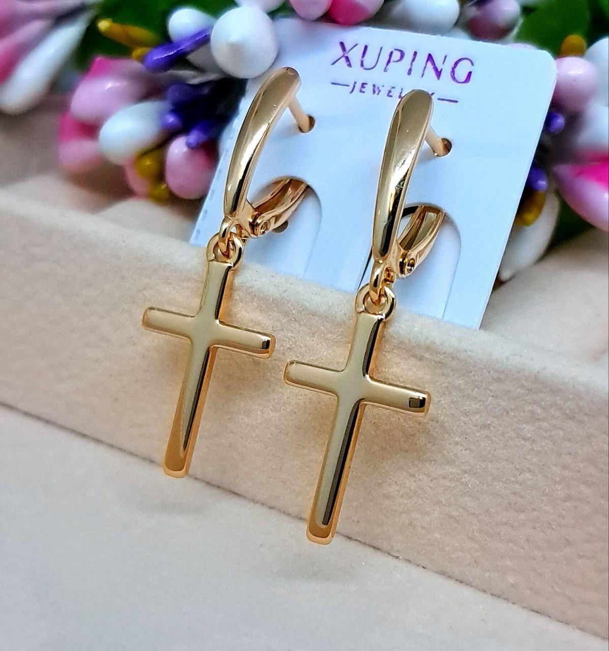Сережки Хрестики з медичного золота 33×10 мм англійська застібка Xuping 6088