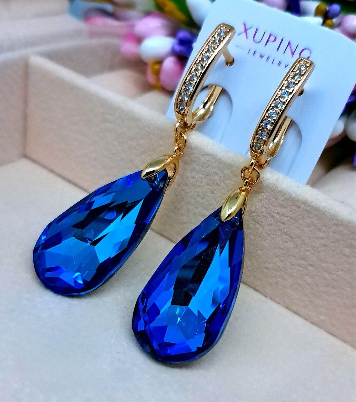 Сережки Swarovski синій камінь Медичне золото 45×13 мм англійська застібка Xuping 6090