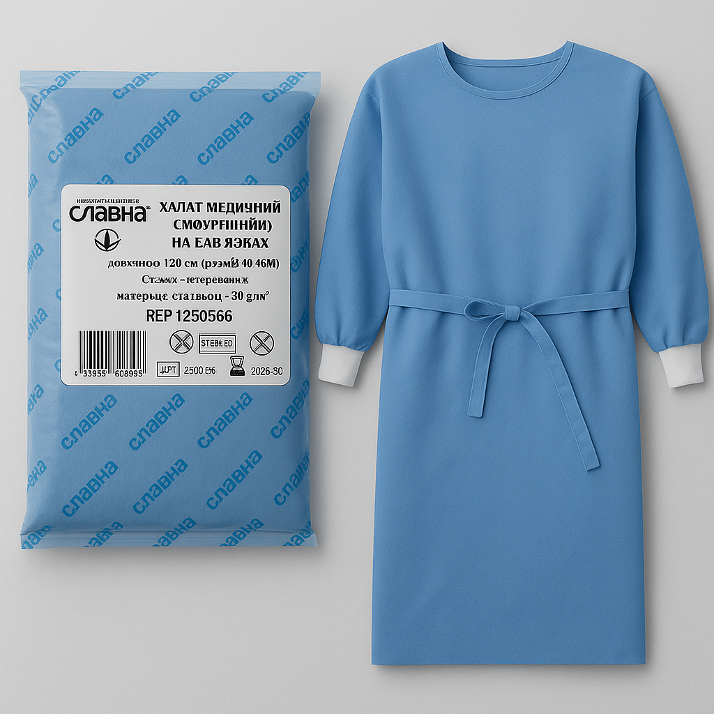 Хірургічний халат Славна, на зав’язках, 120 см, М (46–48), спанбонд 30 г/м², стерильний