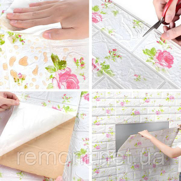 №111-4 Самоклеюча 3D панель "Троянди на білій цеглі" 77×70 см товщина 4 мм, фото 1