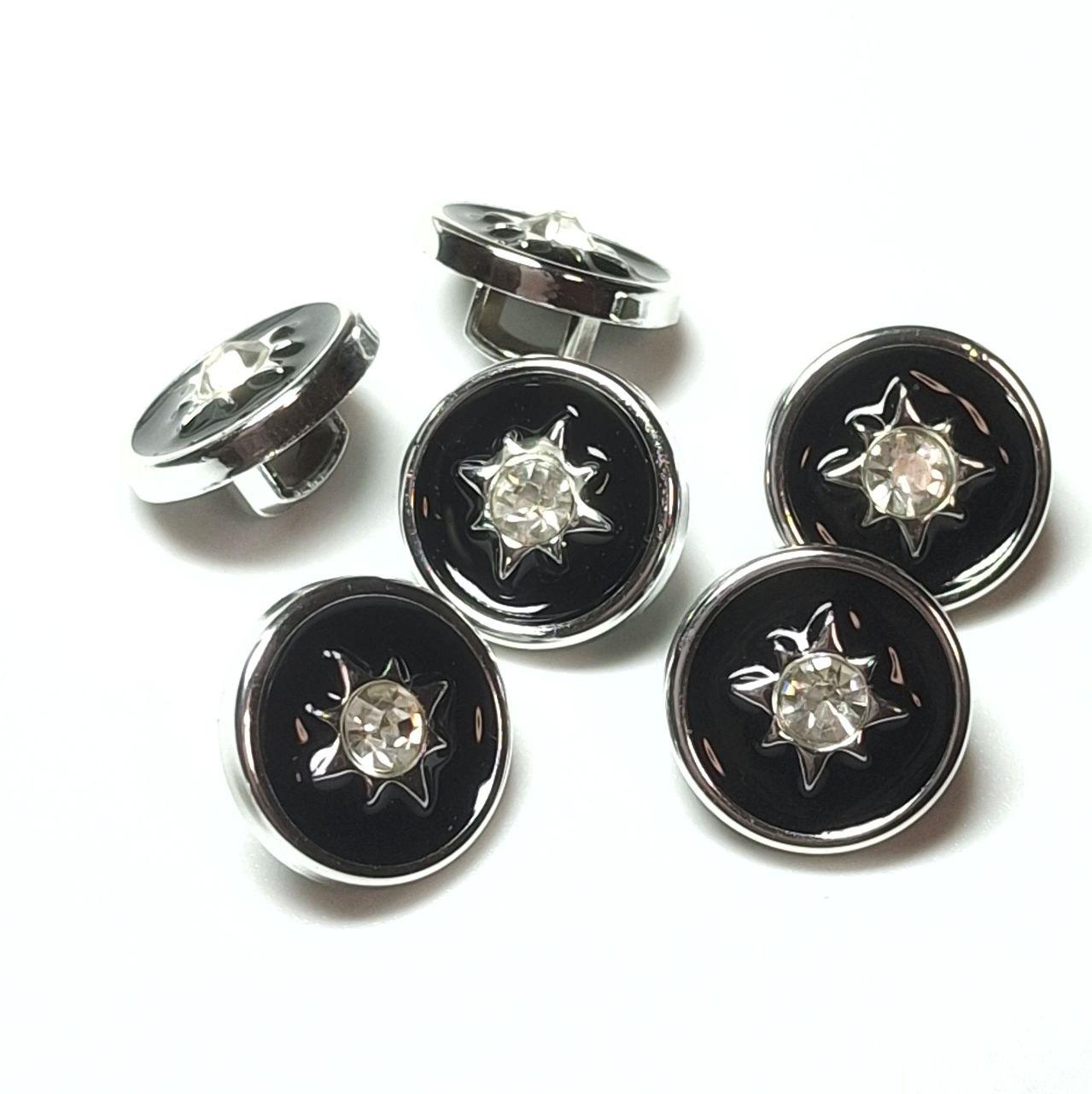 Ґудзик 13мм чорний глянцевий круглий із прозорим блискучим каменем та сріблястим обідком,на ніжці, фото 1