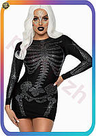 FS Мини-платье скелет черное Flex Set Leg Avenue с блестящим принтом для Хэллоуина готическое платье с SET18-F
