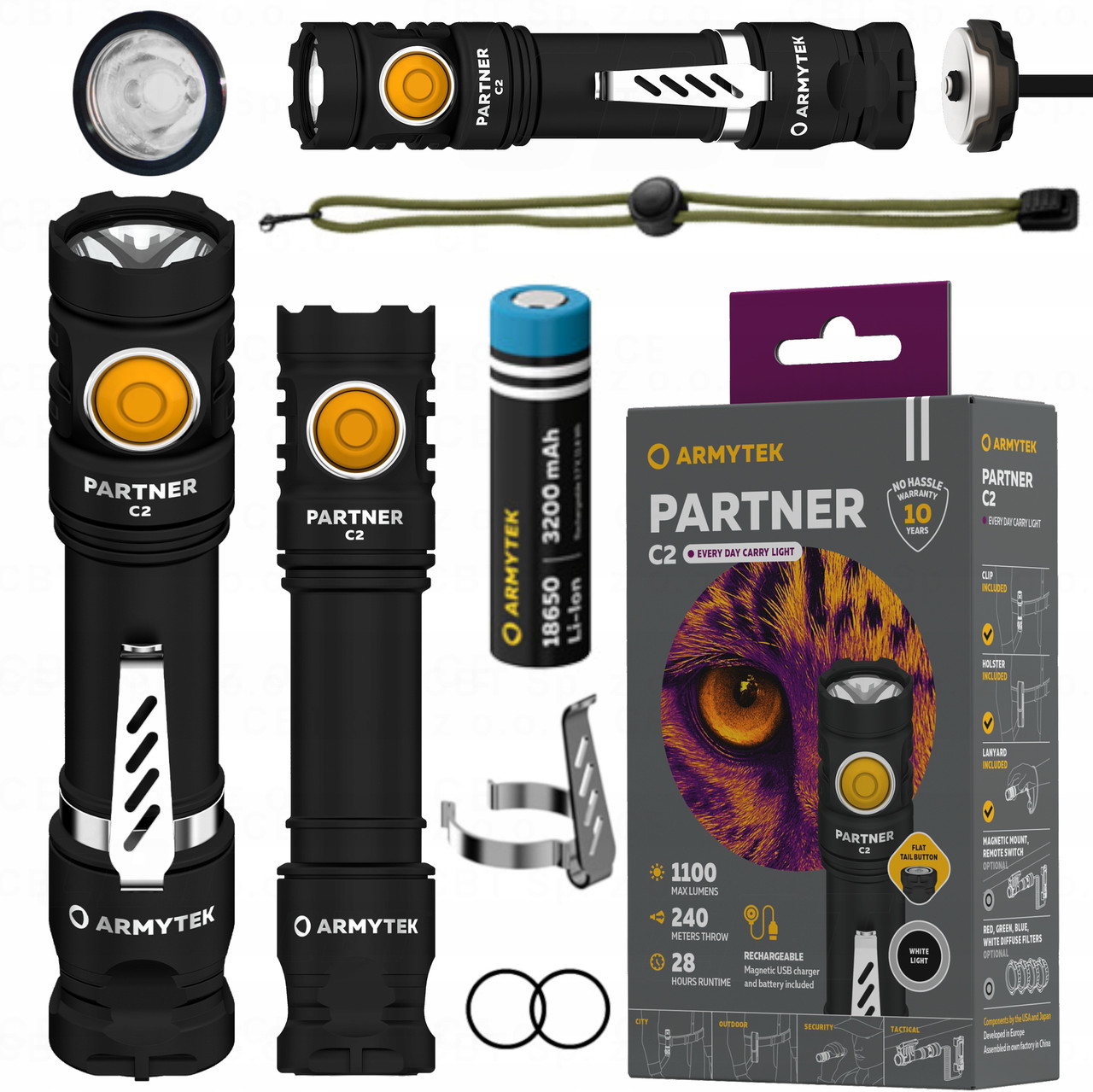 Ліхтар Armytek Partner C2 WHITE v4 (1100LM, 3200mAh, Біле світло, Magnet USB, IP68, 240 метрів, Чохол, Кліпса, Магніт), фото 1