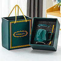 Керамічна чашка з ложкою 400мл, в подарунковій упаковці, Зелений / Подарункова чашка з кришкою / Чашка на подарунок