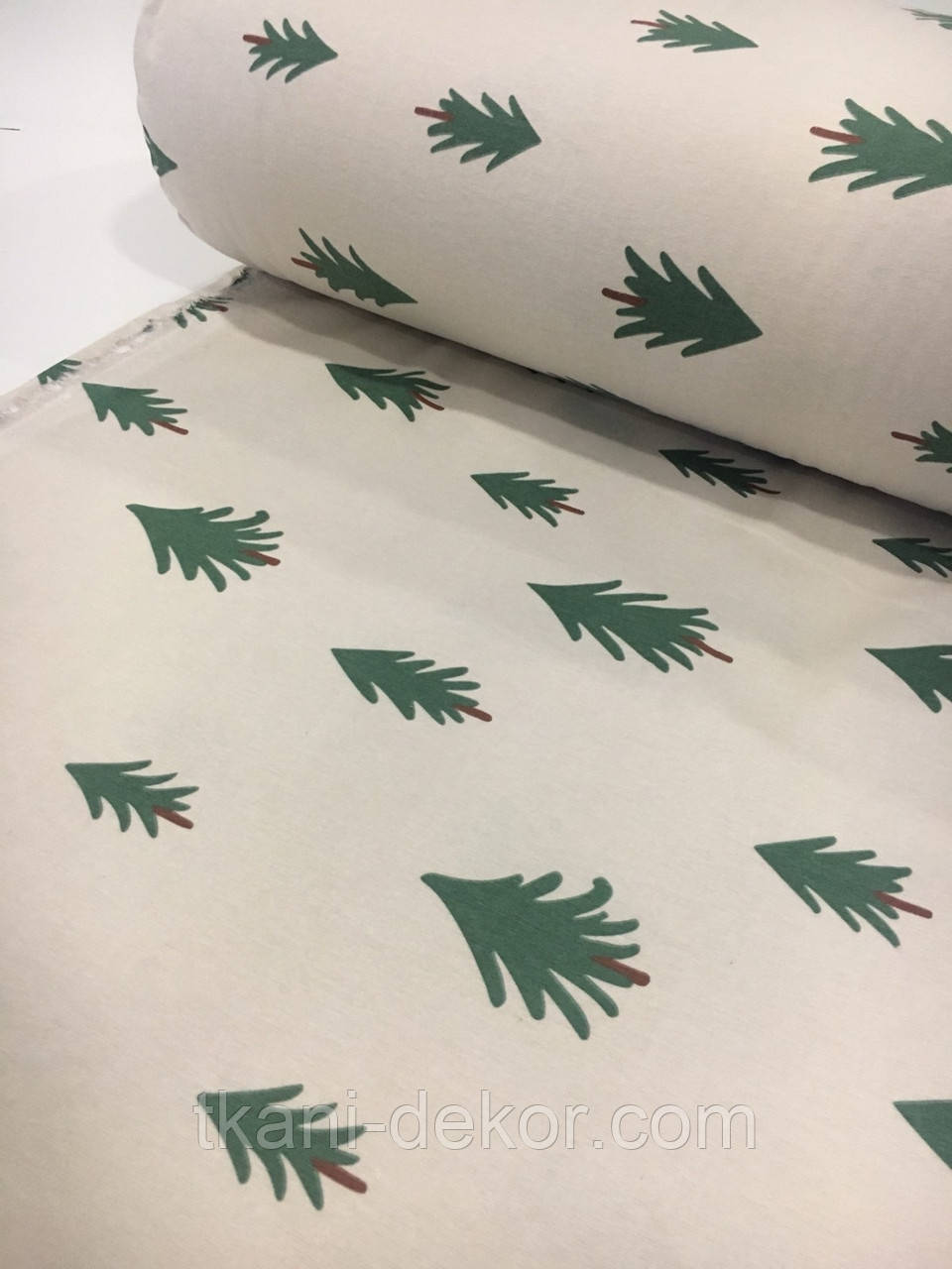 Фланель зелені ялинки на кремовому, фото 1