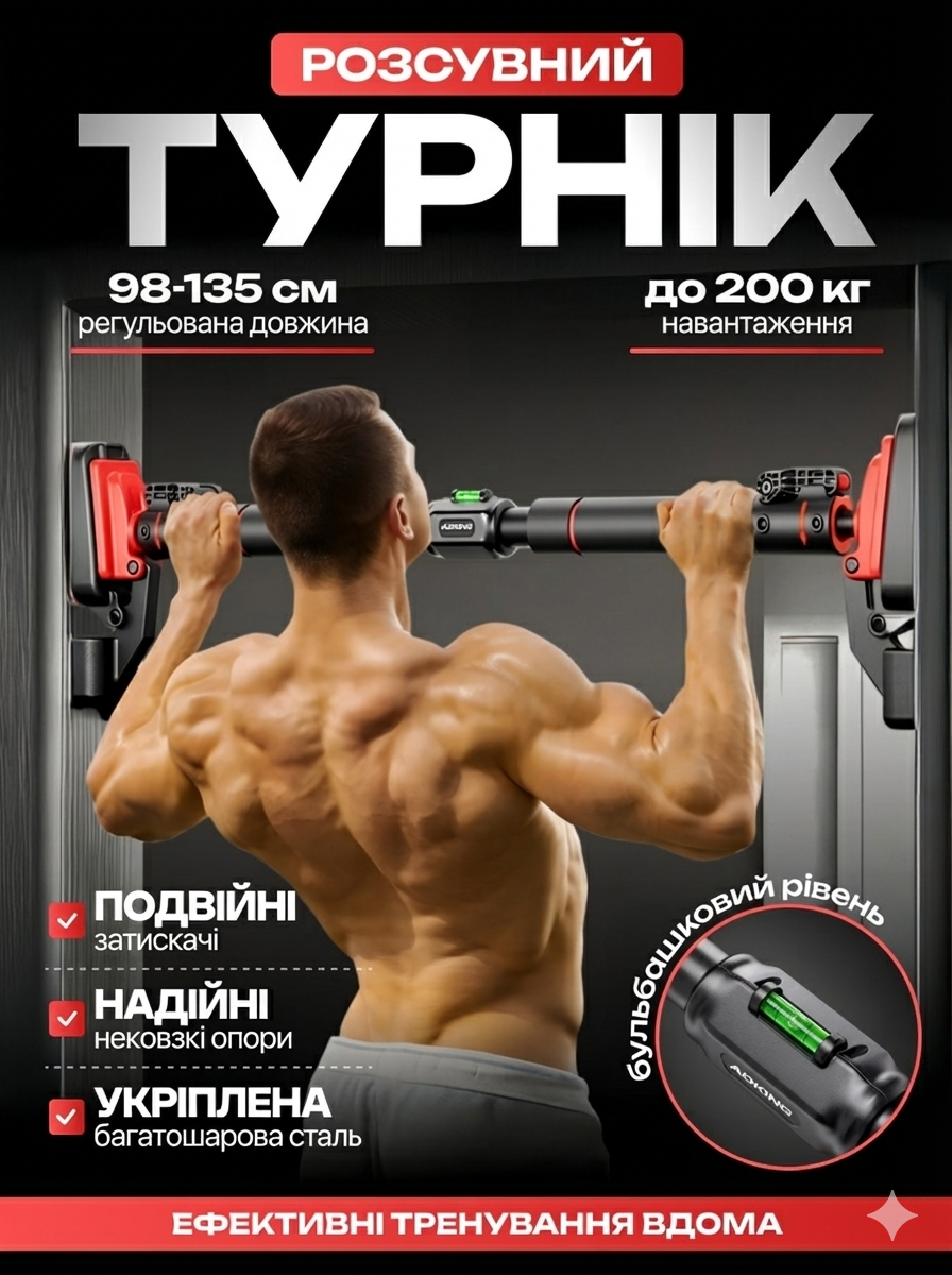 Розсувний турнік для дому без свердління розрахований на навантаження до 1500 кг, діапазон ходу 98-135 см, фото 1