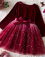 Ошатна сукня для дівчинки кольору марсала з оксамиту та фатину з зірочками 120( 5-6 років)