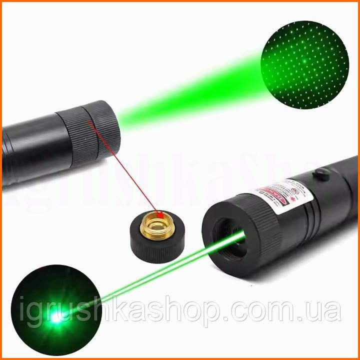 Зелений лазерний покажчик 100 мВт з блокуванням та насадкою для презентацій та шоу дальність до 10000 м 532 нм, фото 1