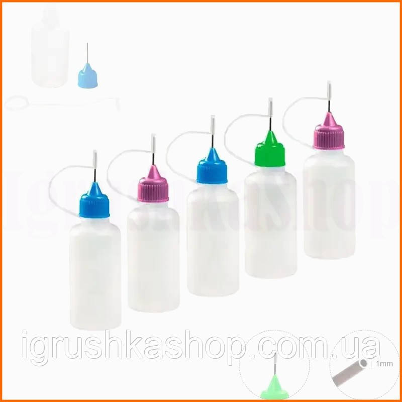 Пластикові пляшечки 5 штук 20 мл з металевим носиком та кришкою для рідин олій фарб клею та хімічес, фото 1