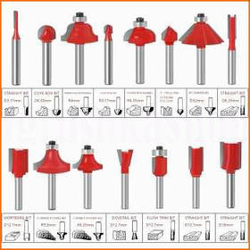 Набір фрез по дереву 15 штук у дерев'яному кейсі для столярних робіт хвостовик 6.35 мм профільні фрези