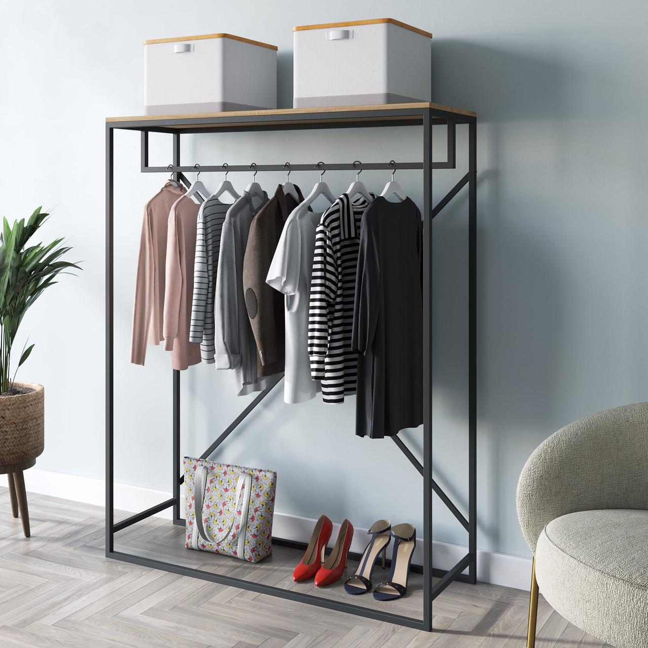 Стелаж для одягу лофт з полицею з ДСП та металевою штангою Вішалки для одягу в передпокій, фото 1