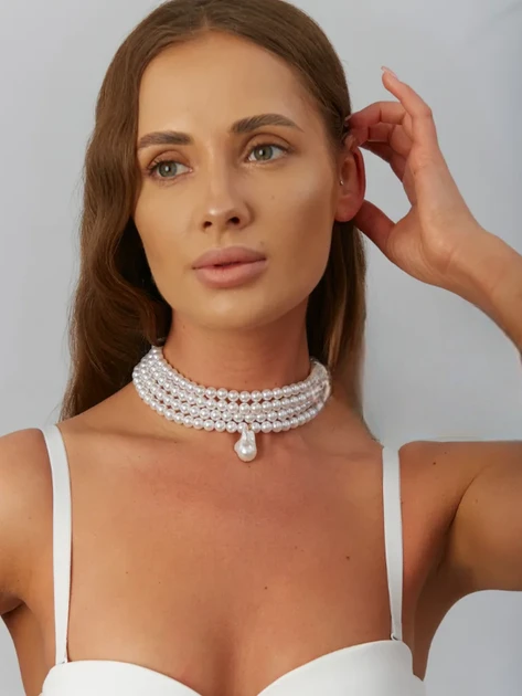 Чокер перловий, кольє намисто Fashion Jewerly багатошарові штучні перли ошатне намисто в стилі old money, білий колір, фото 1