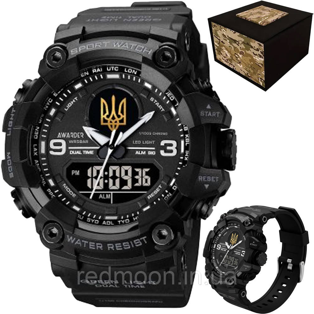 Годинник наручний, Кварцовий, 54х58мм, до 50 м, Awarder 001, Тризуб золотий, Чорний / Спортивний наручний годинник / Чоловічий, фото 1